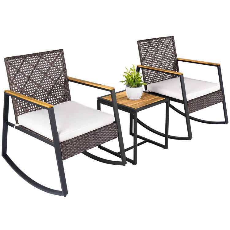 3-Piece Wicker Rocking Chair Set with Coffee Table and Cushions for Porch