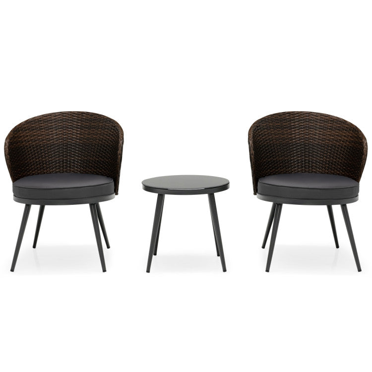 3-Piece Patio Furniture Set Rattan Bistro Chairs with 2-Tier Tempered Glass Side Table